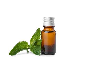 Cosmetic bottle with fresh mint on white background