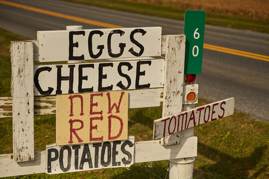 Sign in front of an Amish farm store in Lancaster County Pennsylvania, USA