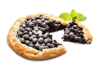 Tasty blueberry galette on white background