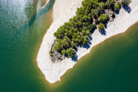Spain, Balearic Islands, Helicopter view of sandy beach of&Ocirc;&oslash;&Omega;Gorg Blau reservoir in summer