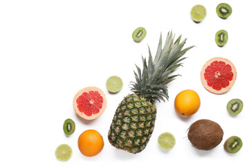 Composition with different exotic fruits on white background