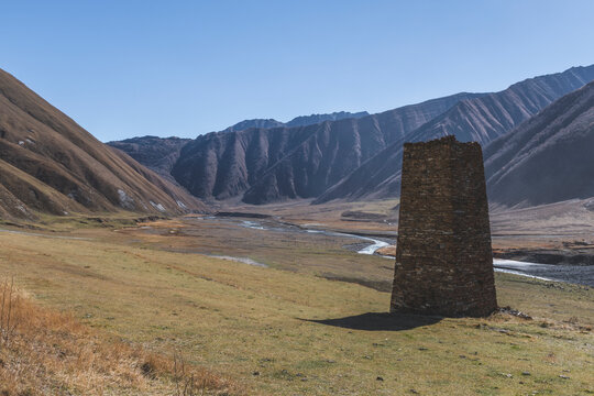 Georgia, Greater Caucasus, Truso Gorge with old defence tower