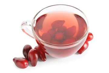 Cup of healthy dogwood berry drink on white background © Pixel-Shot