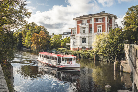Germany, Hamburg, Tourboat on Alster river canal