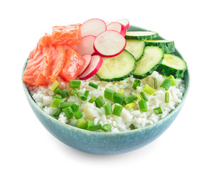 Bowl with tasty rice, salmon and vegetables on white background