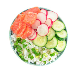 Bowl with tasty rice, salmon and vegetables on white background