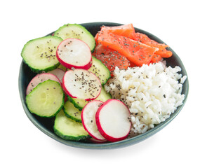 Tasty poke bowl with salmon on white background