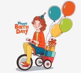 Cute kid rides on bicycle. Funny girl having fun. Happy Birthday illustration vector concept
