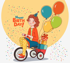 Cute kid rides on bicycle. Funny girl having fun. Happy Birthday illustration vector concept
