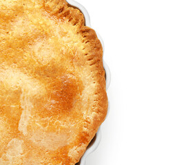 Baking dish with tasty chicken pot pie on white background, closeup