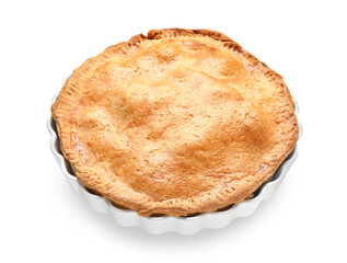 Baking dish with tasty chicken pot pie on white background
