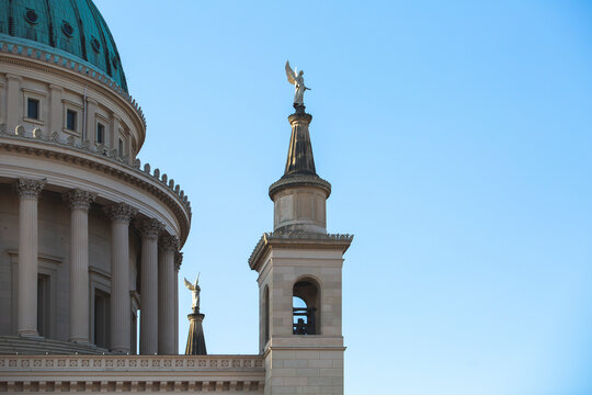 Germany, Brandenburg, Potsdam, Angel sculpture on top of Saint Nicholas Church bell tower