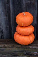 a pyramid of orange pumpkins against a gray old wooden background