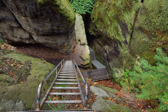 Germany, Saxony, Elbe Sandstone Mountains, Hiking Trail with ladder at Schrammsteine rocks