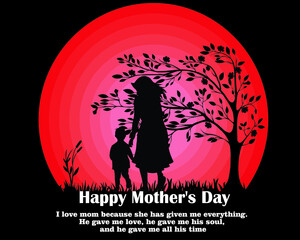 illustration of a mother and daughter, happy mother's day, silhouette on a red background, mother and daughter vector, world mother's day