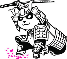 The Samurai Panda Pose with A Katana Sword and Falling Sakura Petals