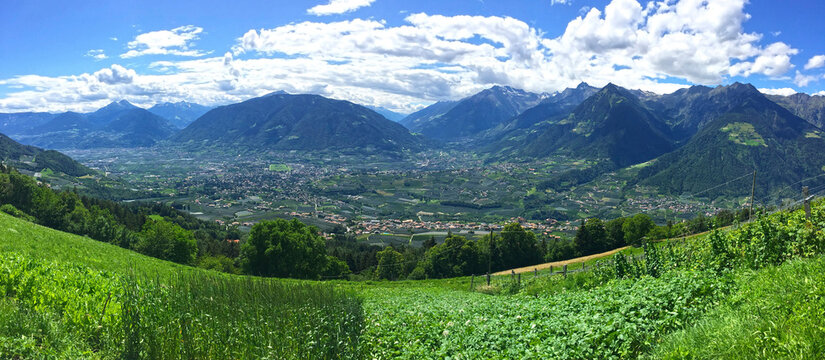 Italy, South Tyrol, Schenna, Scenic panorama of valley in Dolomites
