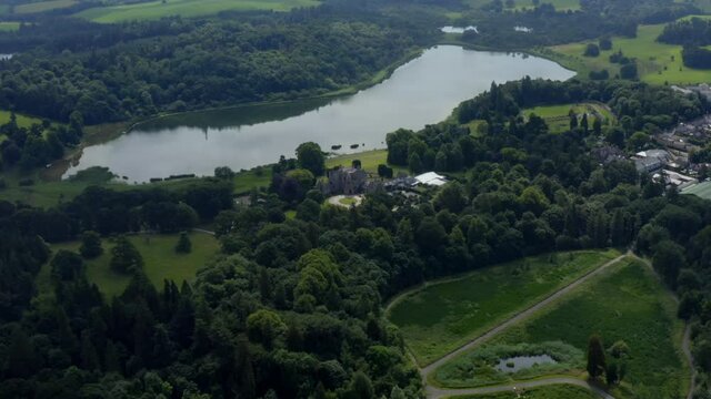 Castle Leslie, Glaslough, Monaghan, Ireland, July 2021. Drone slowly orbits at a higher altitude from the eastern side.
