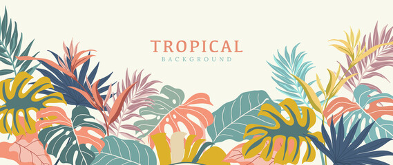 Tropical leaves background vector. Summer Sale banner design with flower and leaf. Hand drawn colorful palm leaf, monstera leaves, floral line art design for wallpaper, cover, cards and packaging. - obrazy, fototapety, plakaty