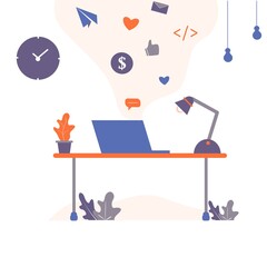 Web landing page template of working in office, co-working space. Freelance, remotely worker, self-employment, online study, online career on computer or laptop at home. Vector digital marketing.