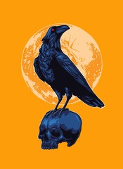 crow perched on skull