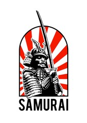 samurai illustration with japanese sun background