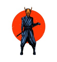 colorful samurai illustration with oni mask