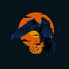 flying crow carrying halloween pumpkin