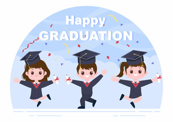 Happy Graduation Day of Students Celebrating Background Vector Illustration Wearing Academic Dress, Graduate Cap and Holding Diploma in Flat Style
