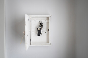 Keys hanging in box on white wall