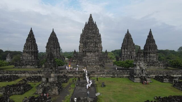 Aerial view of Indonesian hinduism people pray in Prambanan temple in Yogyakarta, Indonesia.