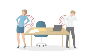 Back pain after sit and stand working with computer wrong position,pain on shouder neck and back come from wrong ergonomic working long time,Office Worker Syndrome Sick Business,Vector illustration.