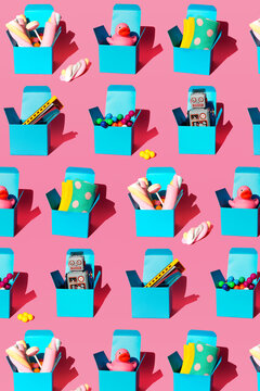 Pattern of boxes with various gifts including harmonicas, plastic spheres, vintage robot toys, sweets, rubber ducks and socks