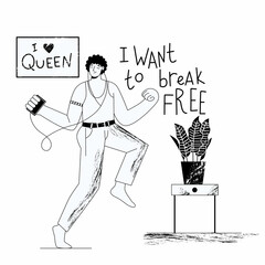 Young man listens to music with headphones and dances. A fan of the Queen group. Lettering I want to break free. Flat vector illustration.