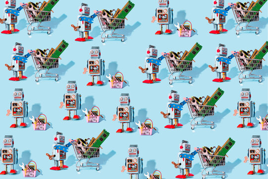 Pattern of vintage robot toys standing by miniature shopping carts and baskets filled with electronic equipment