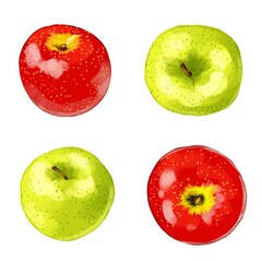 手描き水彩の赤りんごと青りんごのイラストセット・上と斜め