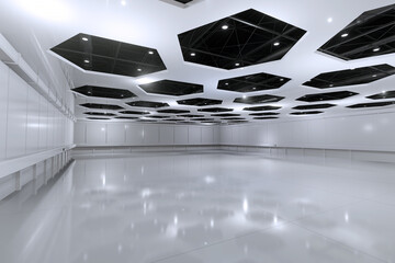 Fototapeta premium Empty hall exhibition centre.The backdrop for exhibition stands,booth elements. Conversation centre for the conference.Big Arena for entertainment,concert,event. Indoor stadium for sport.3D render. 