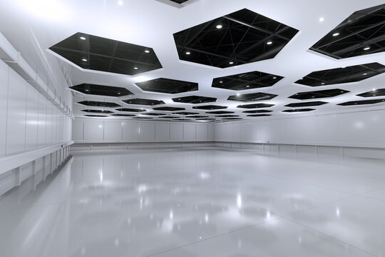 Empty hall exhibition centre.The backdrop for exhibition stands,booth elements. Conversation centre for the conference.Big Arena for entertainment,concert,event. Indoor stadium for sport.3D render.	