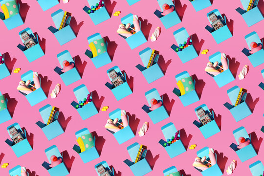 Pattern of boxes with various gifts including harmonicas, plastic spheres, vintage robot toys, sweets, rubber ducks and socks