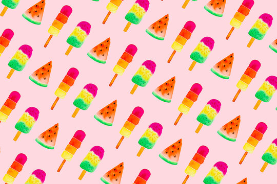Painting of ice cream bars and watermelons slices on pink background