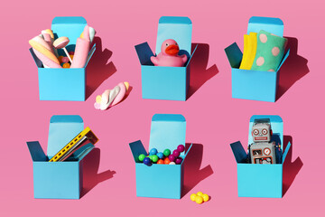 Pattern of boxes with various gifts consisting of harmonica, plastic spheres, vintage robot toy, sweets, rubber duck and pair of socks