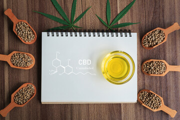 Hemp oil on white book. Cannabis seeds in a spoon and leaves framed. Alternative medicine concept. Scientific symbols.