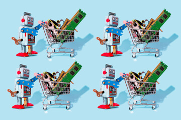 Pattern of vintage robot toys pushing miniature shopping carts filled with electronic equipment