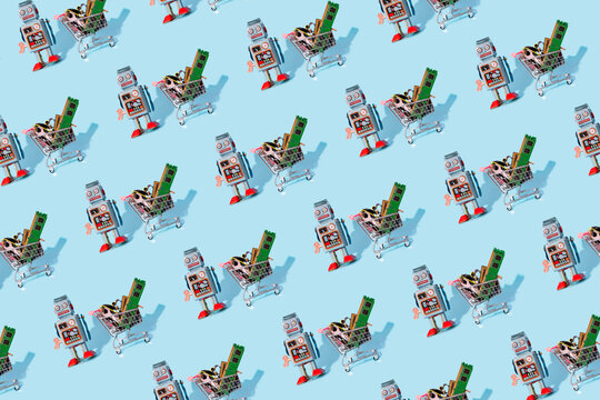 Pattern of vintage robot toys standing by miniature shopping carts filled with electronic equipment