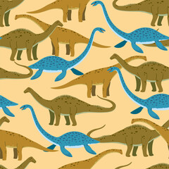 Seamless pattern with cute cartoon doodle dinosaurs, diplodocus, giraffe titan and plesiosaur. Adorable children design.