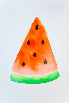 Slice of watermelon painted with watercolor on white paper