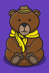 Illustration of a brown bear wearing a hat and a yellow slayer around its neck on a purple background