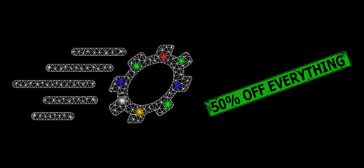 Glowing mesh web fast gear with vibrant flash nodes, and grunge 50% Off Everything seal stamp. Green stamp has 50% Off Everything text inside framed rectangle.
