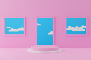 3d rendering. Abstract background with blue sky and white clouds. In a room with an empty podium Showcase prototype with a round stage