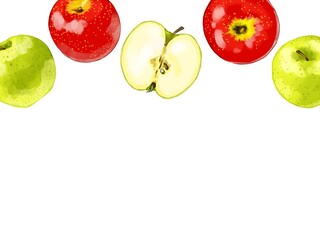 手描き水彩の赤りんごと青りんごのイラスト長方形フレーム・上